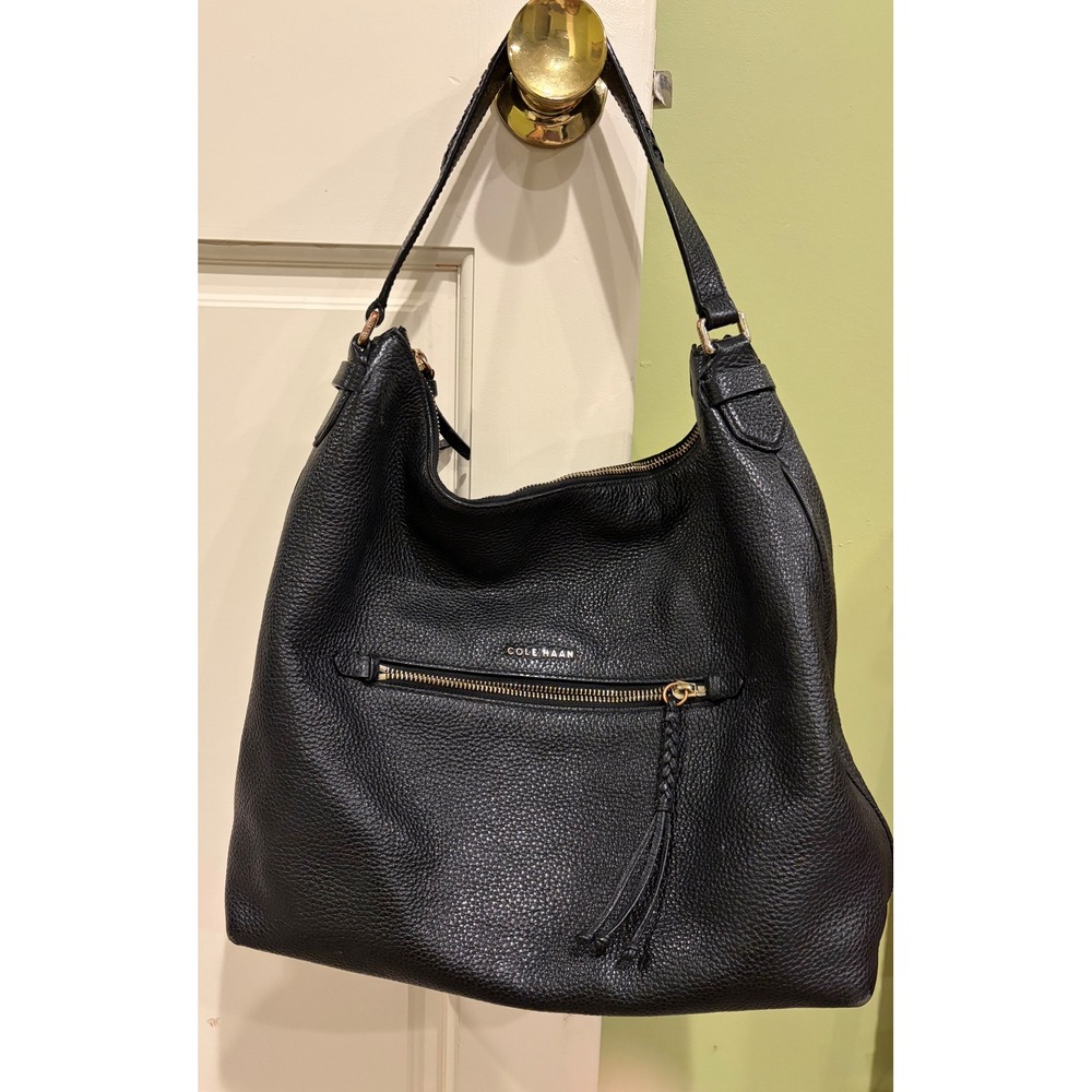 Cole Haan Black Pebbled Leather Hobo Shoulder Bag Gold Hardware Tassel Zip